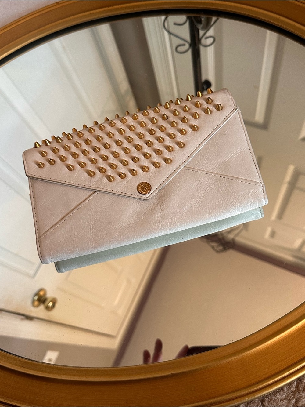 Rebecca Minkoff Studded Off White Leather Envelope Clutch with gold pyramid stud - Picture 9 of 10